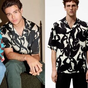 Zara Geometric Monkey Abstract Black and Cream White Patterned Men's Shirt XL